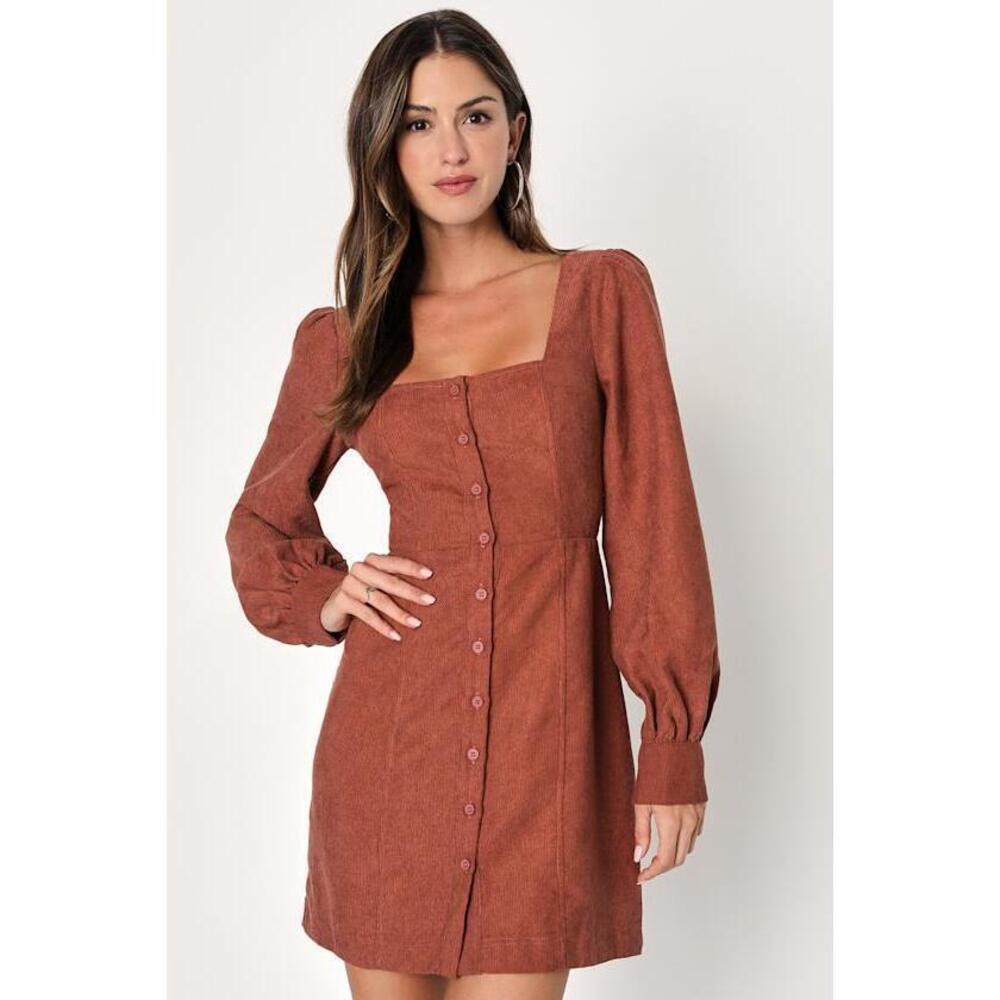 Lulus Posh Promise Brown Corduroy Long Sleeve Button-up Mini Dress - Size L